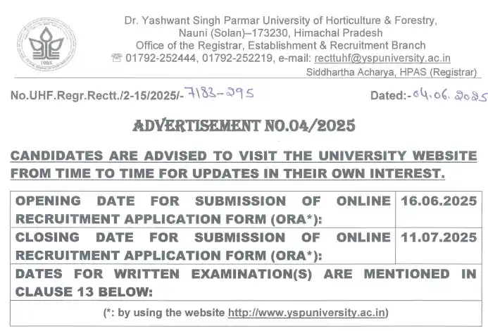 YSP University Nauni Recruitment 2025 Apply online for Jr. Stenographer, Jr. Technician, Driver & Other 14 Posts